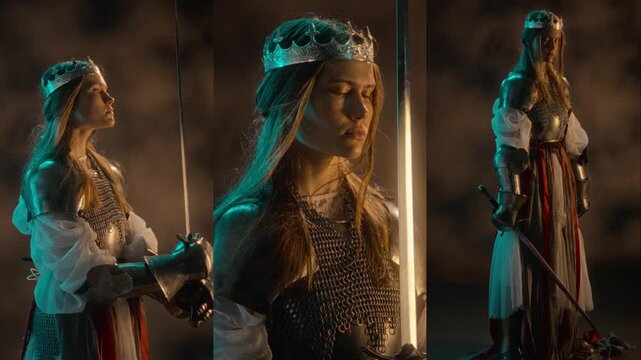 Portrait of young adult Caucasian woman in medieval armor holding sword in split screen view. Suitable for fantasy film production and historical gaming advertising
