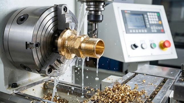 A metal lathe machine cuts a brass pipe fitting while coolant fluid flows over the metal surface creating gold colored metal shavings below