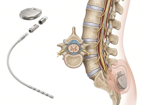Spinal Cord Stimulation SCS System Exploded View Showing Neurostimulator Implant And Epidural Lead