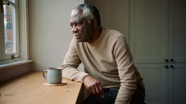 Pulling back camera, senior in tan sweater leaning, resting hand by mug on wooden counter, thinking