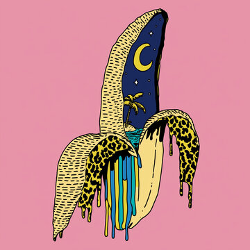 Ripe banana with giraffe pattern peel split open revealing fresh fruit on pink gradient background