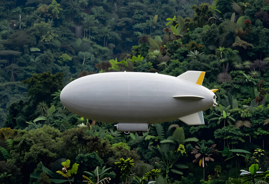 Eco tourism and sustainable travel, white airship flying over dense tropical rainforest canopy for aerial exploration and environmental research mission