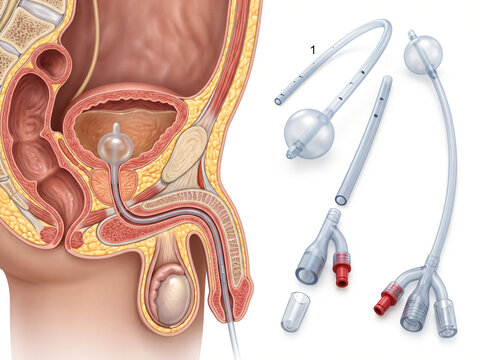 Male Urethral Catheterization Foley Catheter Exploded View With Pelvic Anatomy Cross Section