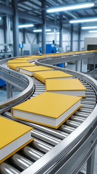 A long row of identical yellow hardcover books moves along a metal roller conveyor belt inside a bright and clean industrial book binding factory