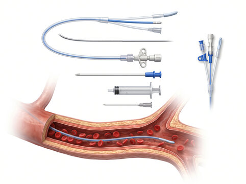 Central Venous Line Catheter Kit And Intravascular Cannulation Cross Section Diagram