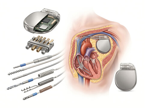 Implantable Cardiac Pacemaker Pulse Generator Exploded View With Anatomy And Lead Wires