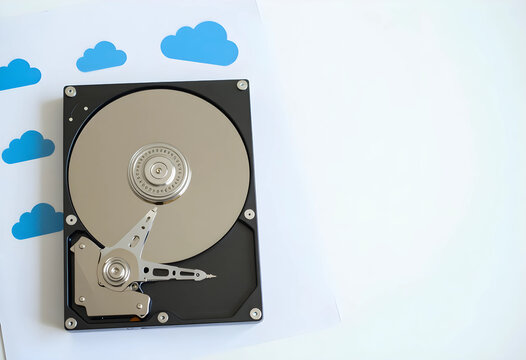 Cloud computing and data storage concept, open hard drive disk with blue cloud icons on white background for digital information and network security