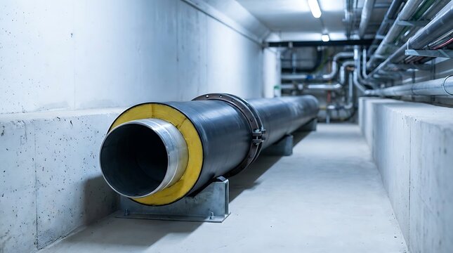 A long black pipe with yellow insulation is mounted on metal supports in a concrete basement corridor with other pipes visible in the background