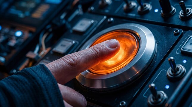 Close-up view of a person pressing a large illuminated orange button on a futuristic tech control panel with toggle switches.