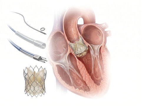Transcatheter Aortic Valve Implantation TAVI In Heart With Delivery Catheter System Diagram