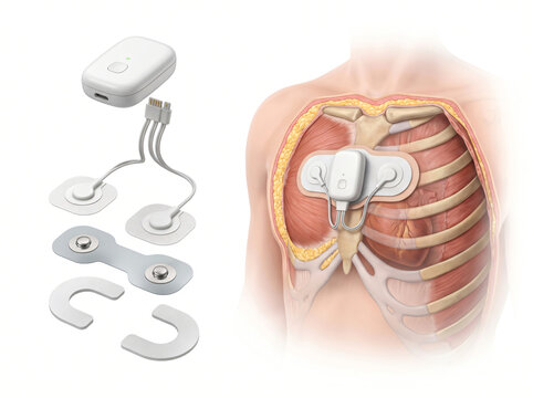 Wearable Holter ECG Monitor Exploded View With Adhesive Electrodes And Cardiac Anatomy