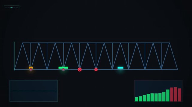 2D Digital Animation Showing Bridge Structural Load Analysis with Moving Weight Indicators and Real-Time Data Visualization Graphs for Civil Engineering Simulation and Infrastructure Monitoring