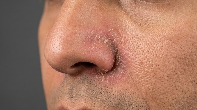 Close-up on a male face suffering from peeling dry skin and compromised skin barrier