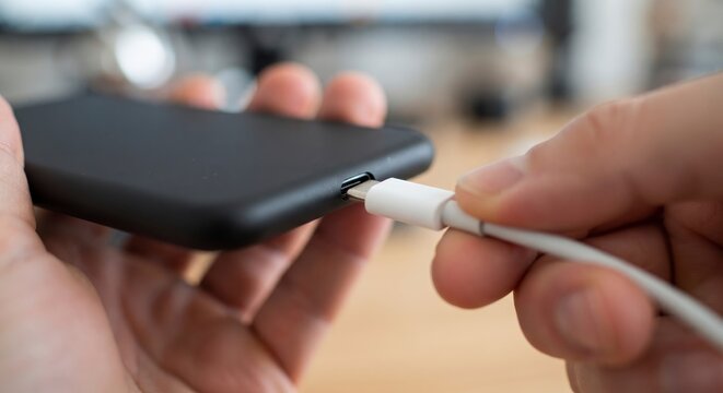 Close-up of a person connecting a white charging cable into the port of a modern black smartphone to recharge the battery.
