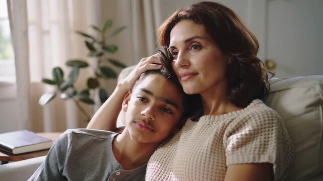 Leaning son leading mother cradling and stroking hair, comforting him on couch in living room