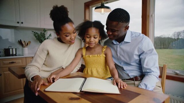 Reading daughter in yellow dress practicing from open binder at kitchen, parents leaning with help