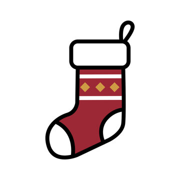 Christmas stocking icon vector illustration isolated on white background, red sock with pattern for santa presents holiday decoration logo symbol