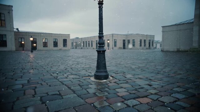 Lighting Victorian lamp casting light in courtyard, camera pushing wet cobbles and falling snow