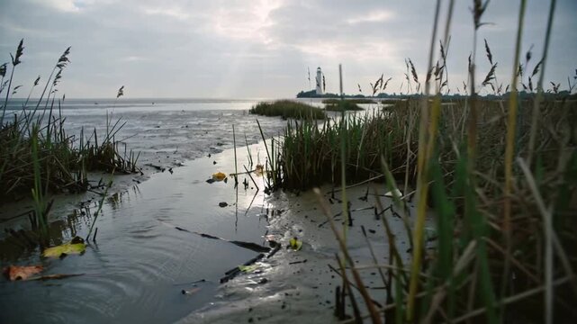 Tracking camera starting near mud bank, moving along tidal channel in reedbeds, showing lighthouse