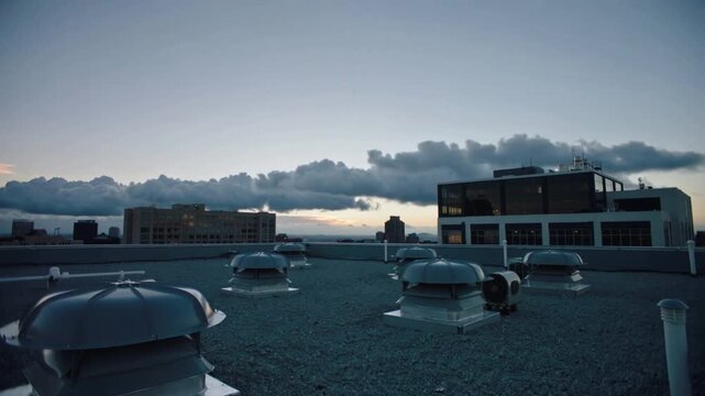 Pushing camera forward, focusing on silver dome ventilators on gravel rooftop at dusk