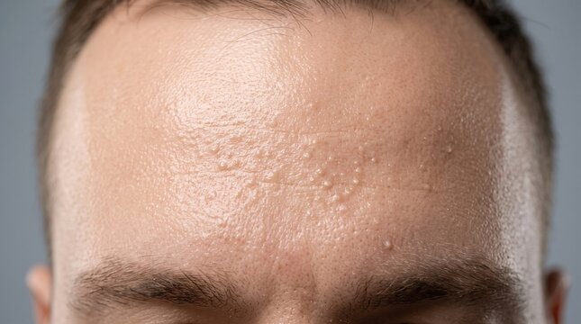 Macro view of congested skin and small pimples on male forehead