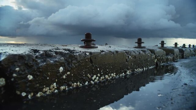Trickling concrete groyne with barnacles forming ripples at shore, rusted bolts during rising tide