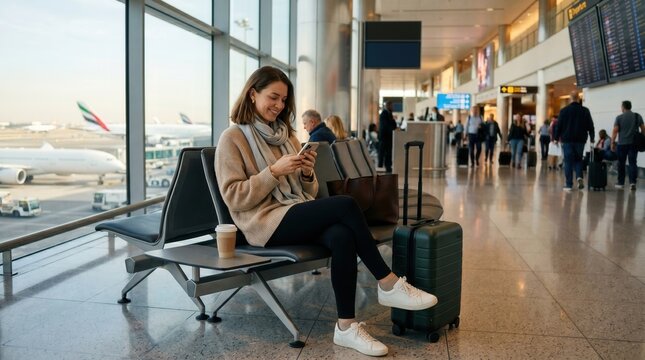 Young woman in sweater and scarf sits on terminal bench using smartphone beside rolling suitcase and coffee cup; travelers and flight boards blur in bright concourse