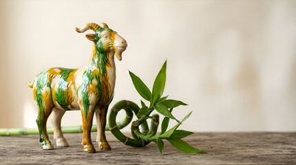 Fototapeta premium Golden llama figurine with green and white enamel detailing stands beside fresh green foliage on wooden surface