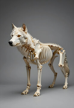 Evolution and biology concept, wolf skeleton with fur showing anatomy and skeletal structure in a scientific study isolated on a grey studio background