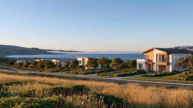 Modern coastal home development near blue ocean water and green hillside