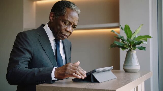 Glancing man in suit tapping and swiping tablet in folio at reception, checking work with plant