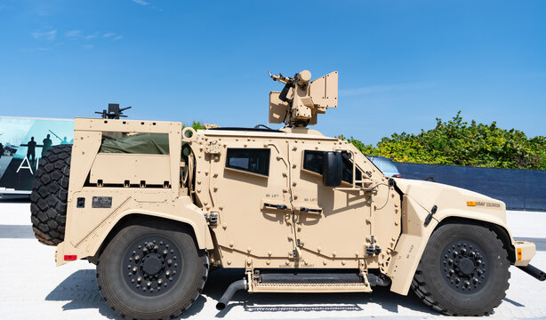 Miami, Florida, USA - May 22, 2025: Joint Light Tactical Vehicle JLTV. Military vehicle JLTV. Tactical vehicle JLTV outdoor, corner view