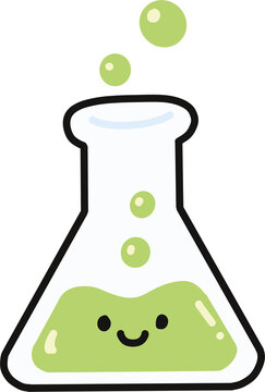 Cute Smiling Erlenmeyer Flask Green Liquid Bubble Illustration