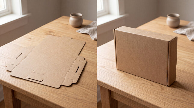 Cardboard box transformation assembly comparison on wooden table surface