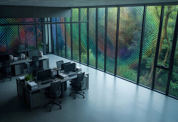 Obraz premium Biophilic office design and sustainable workspace, modern corporate interior with rainbow light patterns on windows and lush green forest view outside