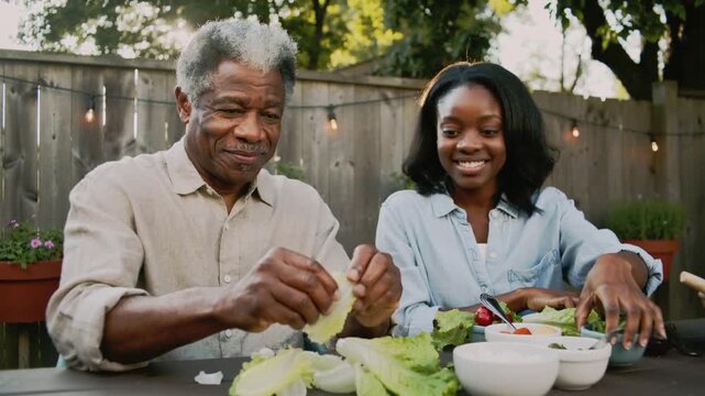 Tearing father and sorting daughter making salad for dinner in backyard, romaine, bowls, button-ups