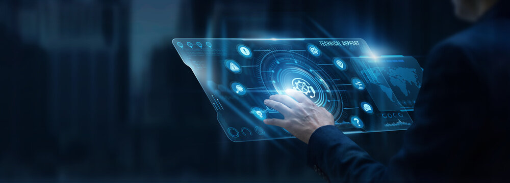 Businessman analyzing Technical support and IT helpdesk ticket resolution data on digital screen. Customer service assistance, system issue troubleshooting, user help desk performance metrics.