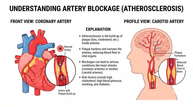 Medical Infographic Showing Artery Blockage In Human Heart And Carotid Arteries On White Background
