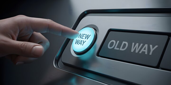 Human hand activates the illuminated new way button symbolizing a bold strategic business decision