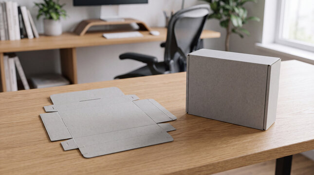 Cardboard box and flat packaging template on a wooden office desk