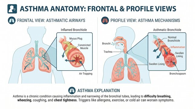Medical Infographic Showing Human Lung Asthma Anatomy With Frontal And Profile Cross Section Views