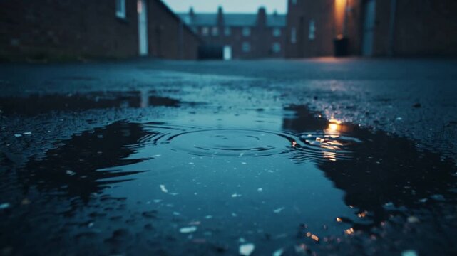 Rippling shallow puddle reacting to raindrop, spreading rings in alley dusk, reflecting warm light
