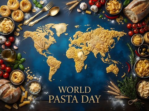 World pasta day concept with a world map made of various types of dry pasta on a dark blue background with fresh ingredients like tomatoes, herbs, and bread