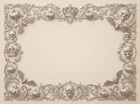 Elegant rococo silver halloween border with pumpkins bats and skulls.