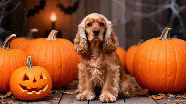Cocker spaniel dog sitting next to halloween pumpkins
