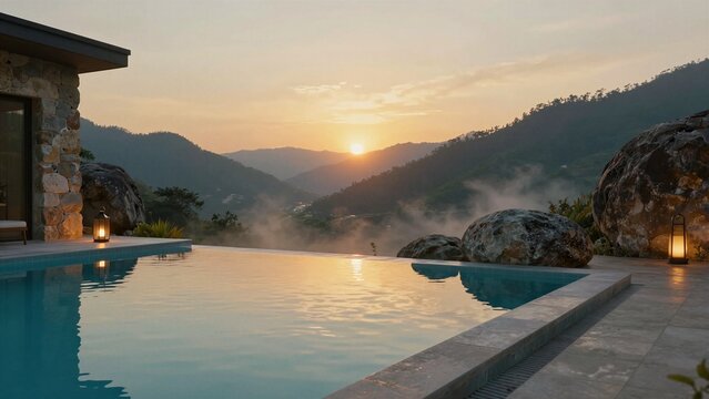 A serene infinity pool overlooks a majestic mountain range as the sun sets, casting golden light across misty valleys and stone lanterns.