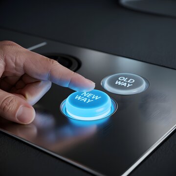 Human hand presses glowing blue New Way button while Old Way remains dim for innovative choice