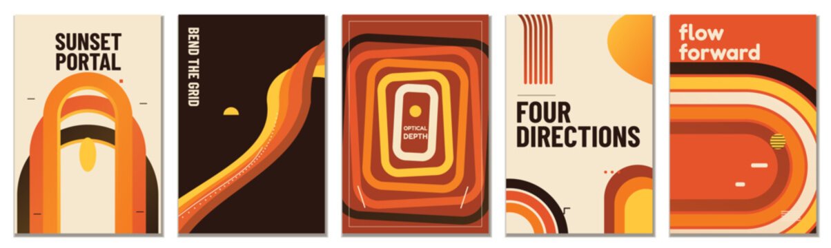 Retro geometric poster set with stacked arches, flowing curves and optical depth for editorial cover, flyer and wallpaper, warm sunset vector illustration.
