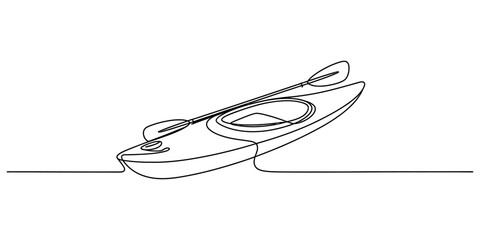 Single continuous line drawing of a kayak with paddle, minimalist outline on white, graphic resource for travel themes. © Nikhil Ray