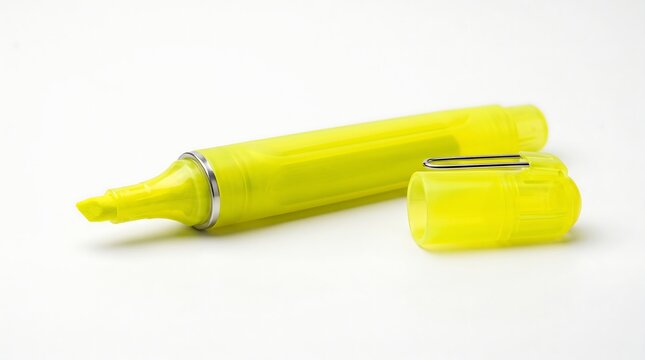 Bright yellow highlighter marker lying horizontally on a clean white background with its cap removed